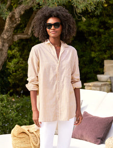 Shirley Oversized Casual Cotton Button Up in Sand Stripe