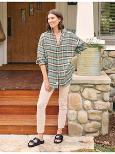 Shirley Oversized Button Down in Green Sand Black Plaid