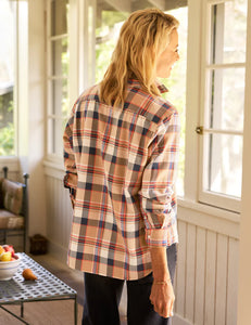 Eileen Relaxed Button-Up Shirt In Italian Flannel Camel And Navy With Orange Plaid