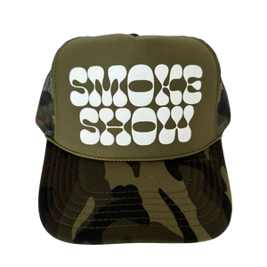 Smoke Show Trucker Hat: Split Camo/White