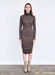 Long Sleeve Turtleneck Rib Ruched Dress in Ash