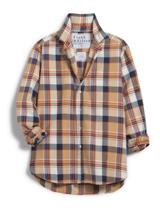 Eileen Relaxed Button-Up Shirt In Italian Flannel Camel And Navy With Orange Plaid