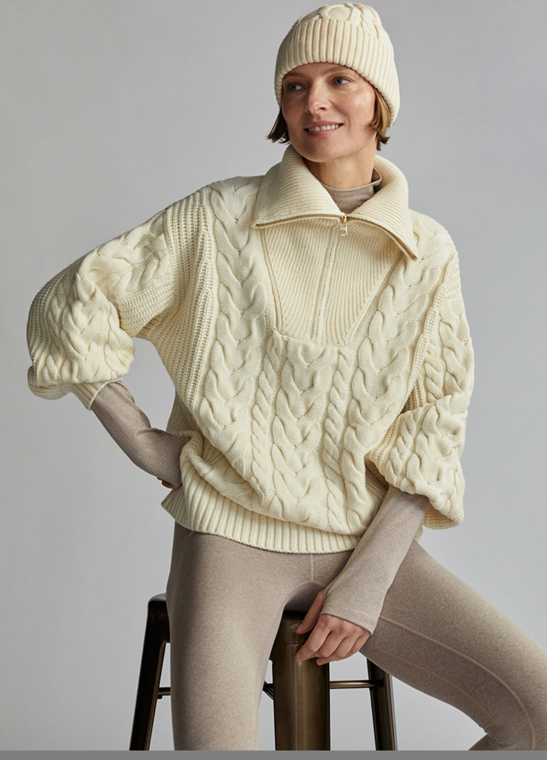 Daria Half Zip Cable Knit Winter White Blush Boutique AK