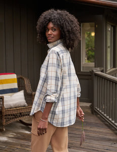 Eileen, Relaxed Button-Up Flannel Shirt in Camel and Cream with Gray Plaid