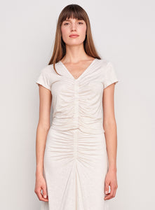 Ruched Short Sleeve Vneck Tee in Cream
