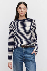 Monica Stripe Crewneck Cashmere Sweater in Linen/Navy