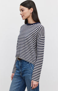 Monica Stripe Crewneck Cashmere Sweater in Linen/Navy