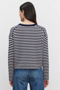 Monica Stripe Crewneck Cashmere Sweater in Linen/Navy