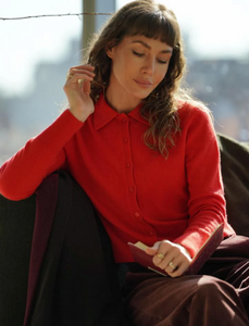 Cashmere Collared Cardigan French Red