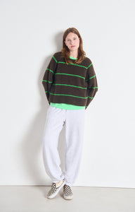 Marled Coffee Clover Stripe Round Collar Pullover Sweater