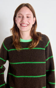 Marled Coffee Clover Stripe Round Collar Pullover Sweater