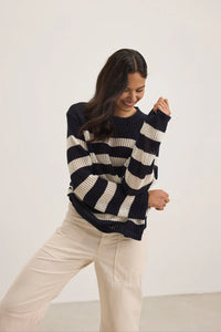 Kanan Cashmere Cotton Stripe Knit in Navy/Milk