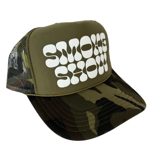 Smoke Show Trucker Hat: Split Camo/White