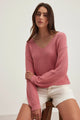 Nepal Textured Cotton Vneck Sweater in Rose